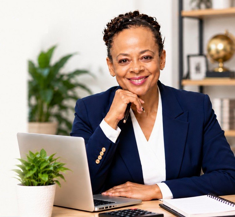 Desiree R. James smiling at her desk with a laptop, a calculator and a notebook